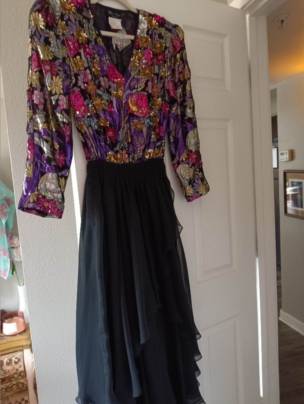 Vintage Diane Freis Sequin Beaded Floral Bodice Black Ruffled Skirt Dress